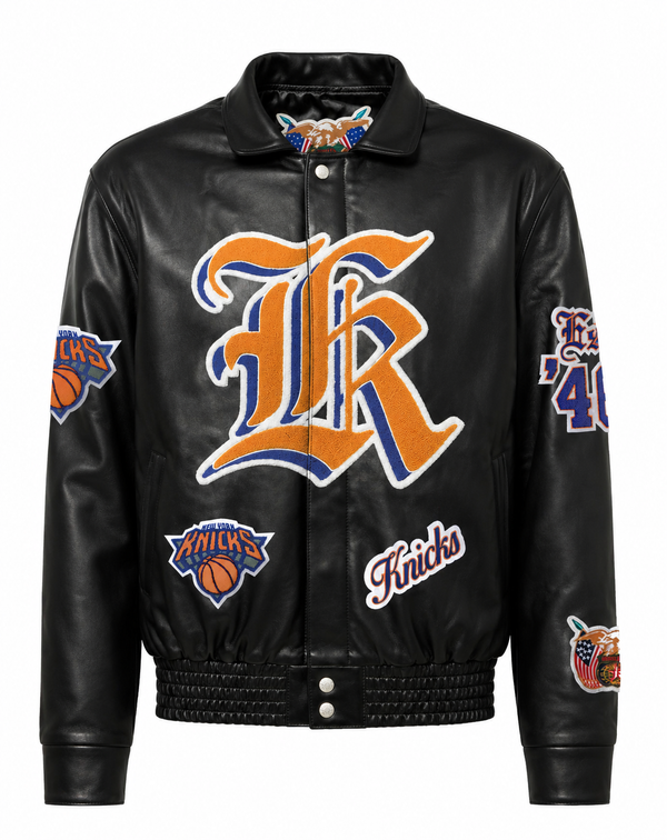 New York Knicks Old English Full Leather Jacket Black