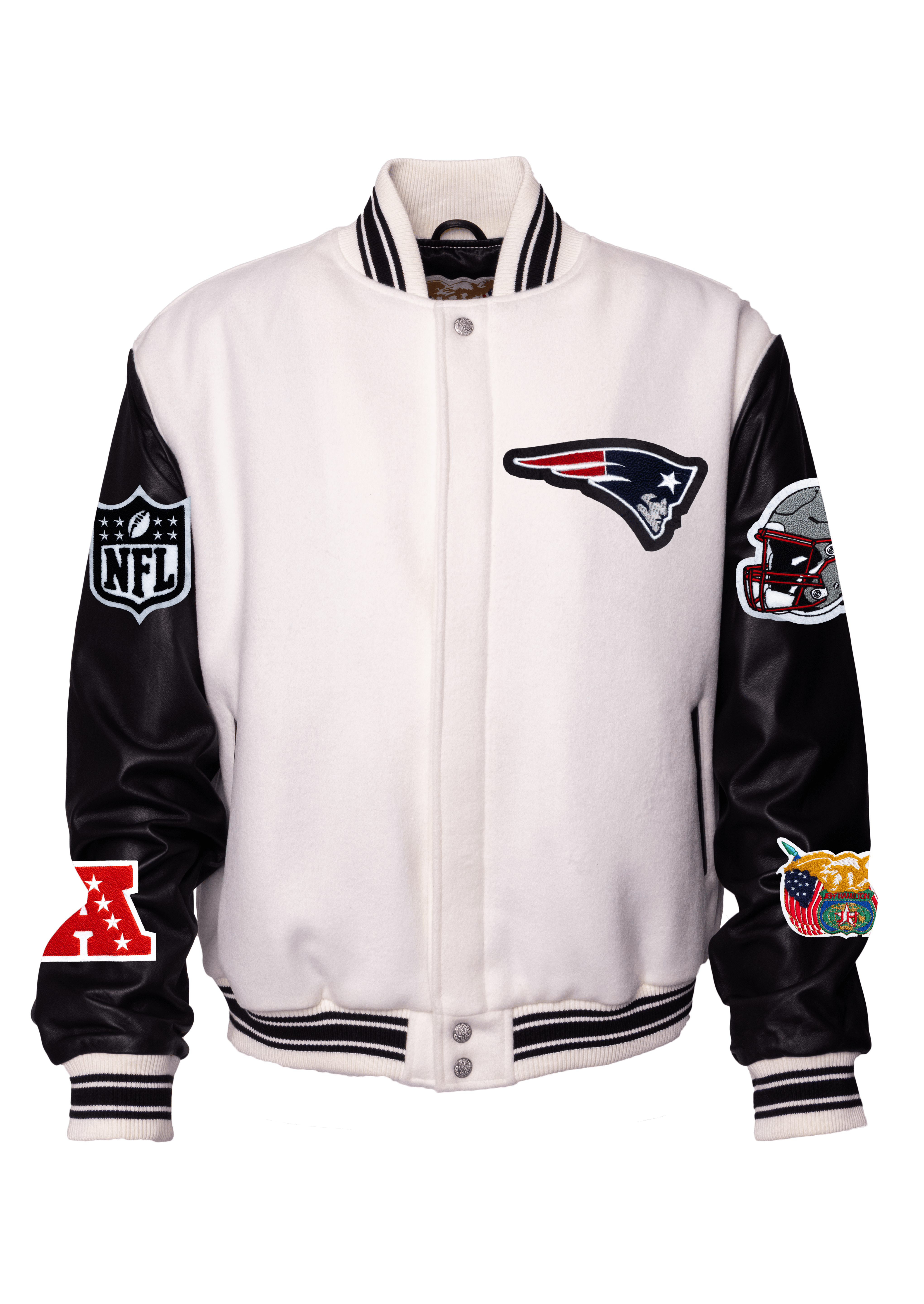 New England Patriots Wool & Leather Varsity Jacket, White/Black detail