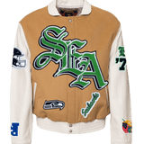 Seattle Seahawks Wool & Leather Old English Varsity Jacket Camel