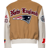 New England Patriots Wool & Leather Old English Varsity Jacket Camel