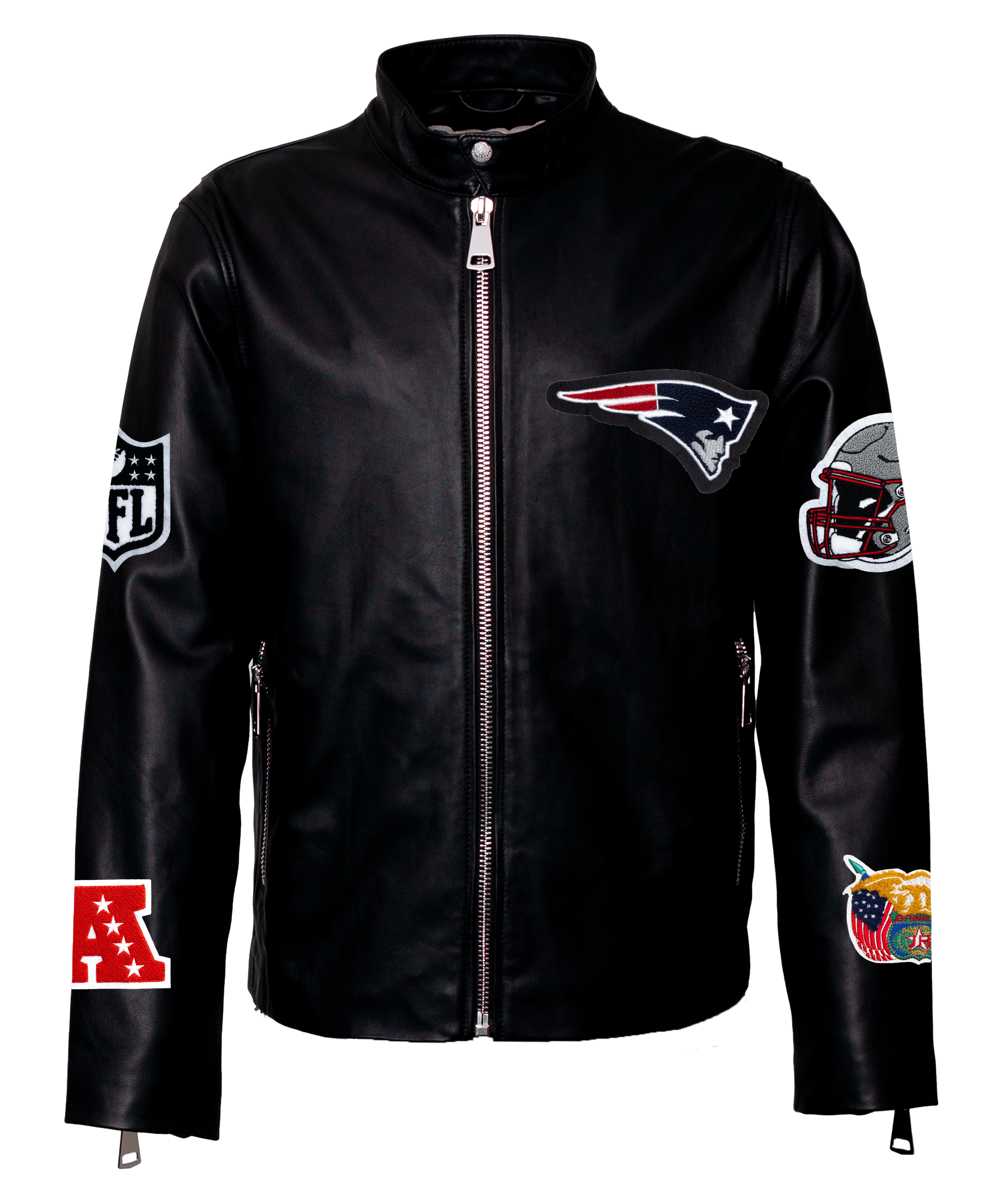 New England Black Leather Zip-Up Puffer Jacket Black