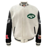 New York Jets Wool & Leather Varsity Jacket Off White/Black