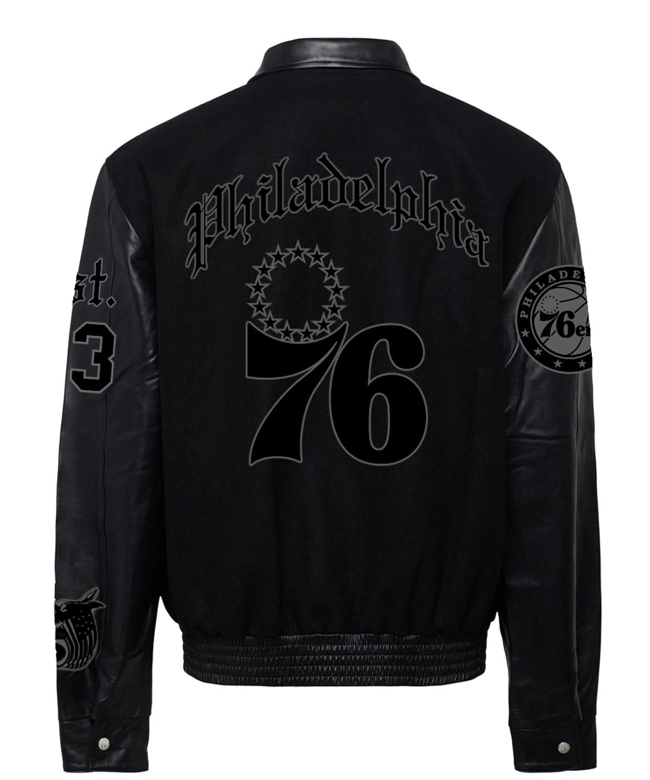 Philadelphia 76ers Wool & Leather Old English Varsity Jacket Black/Black