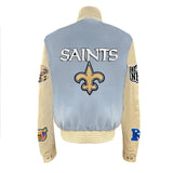 New Orleans Saints Wool & Leather Old English Varsity Jacket Baby Blue