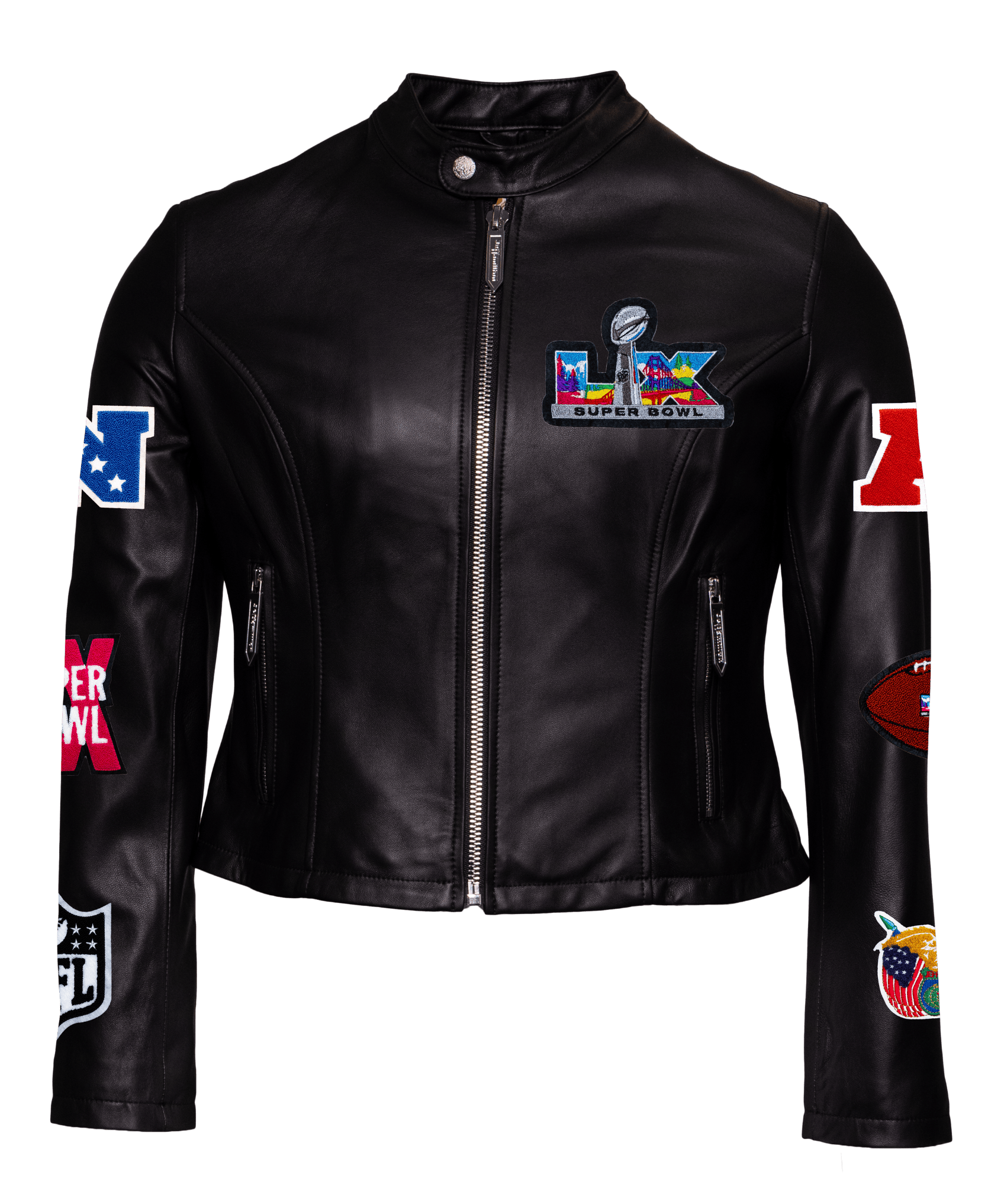 Super Bowl 2026 Full Leather Womens Moto Jacket-Black