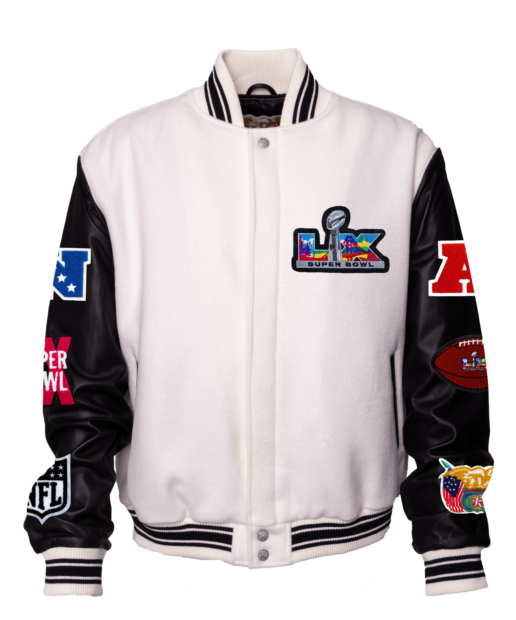 Super Bowl 2026 Wool & Leather Varsity Jacket Light White/Black
