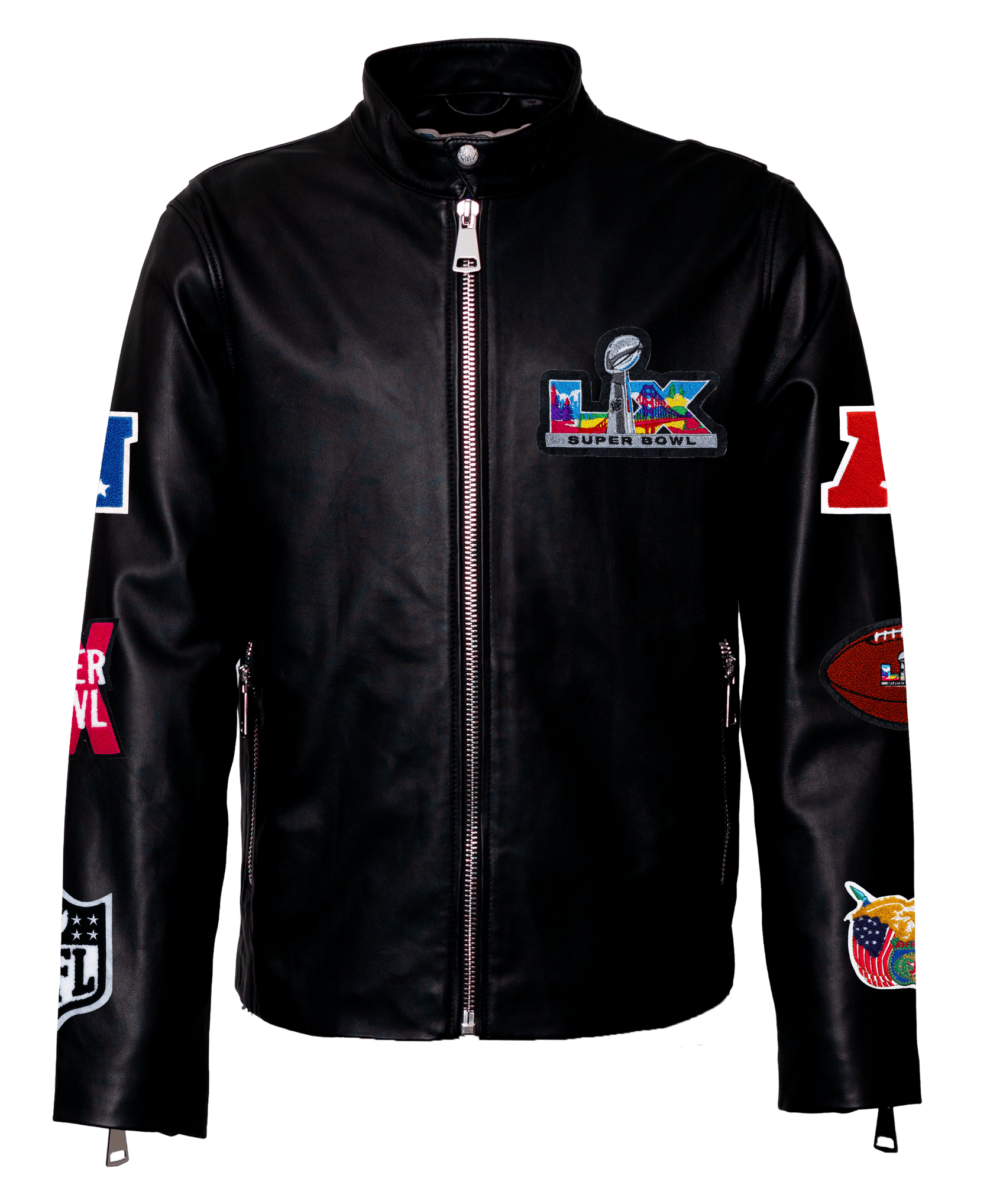 Super Bowl 2026 Full Leather Moto Jacket-Black