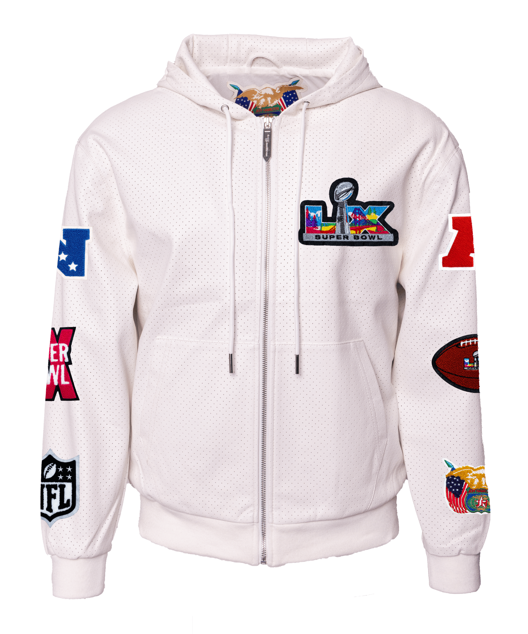 Super Bowl 2026 Vegan Leather Zip-Up Hooded Jacket White