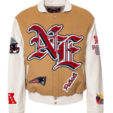 New England Patriots Wool & Leather Old English Varsity Jacket Camel