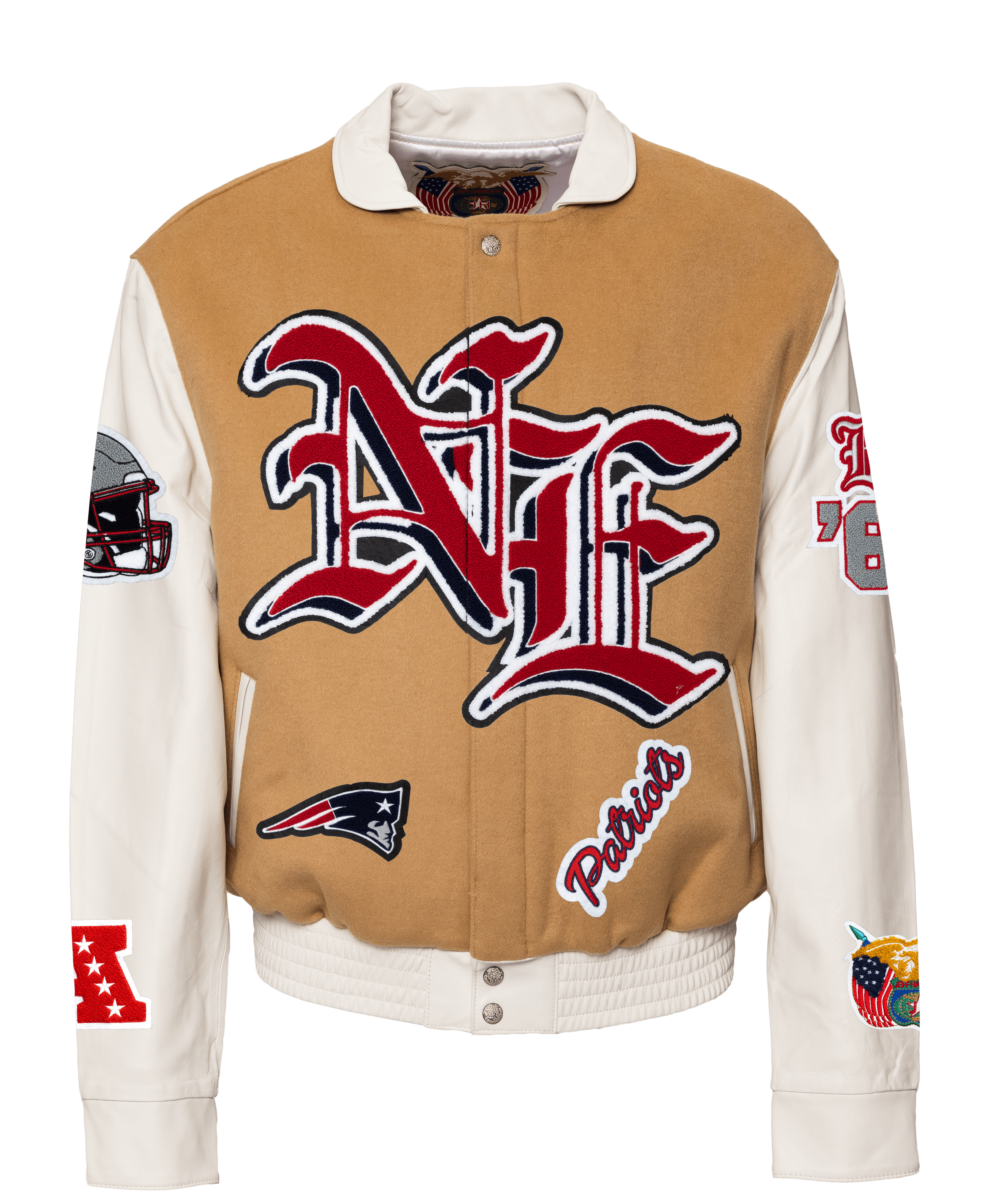 New England Patriots Wool & Leather Old English Varsity Jacket Camel