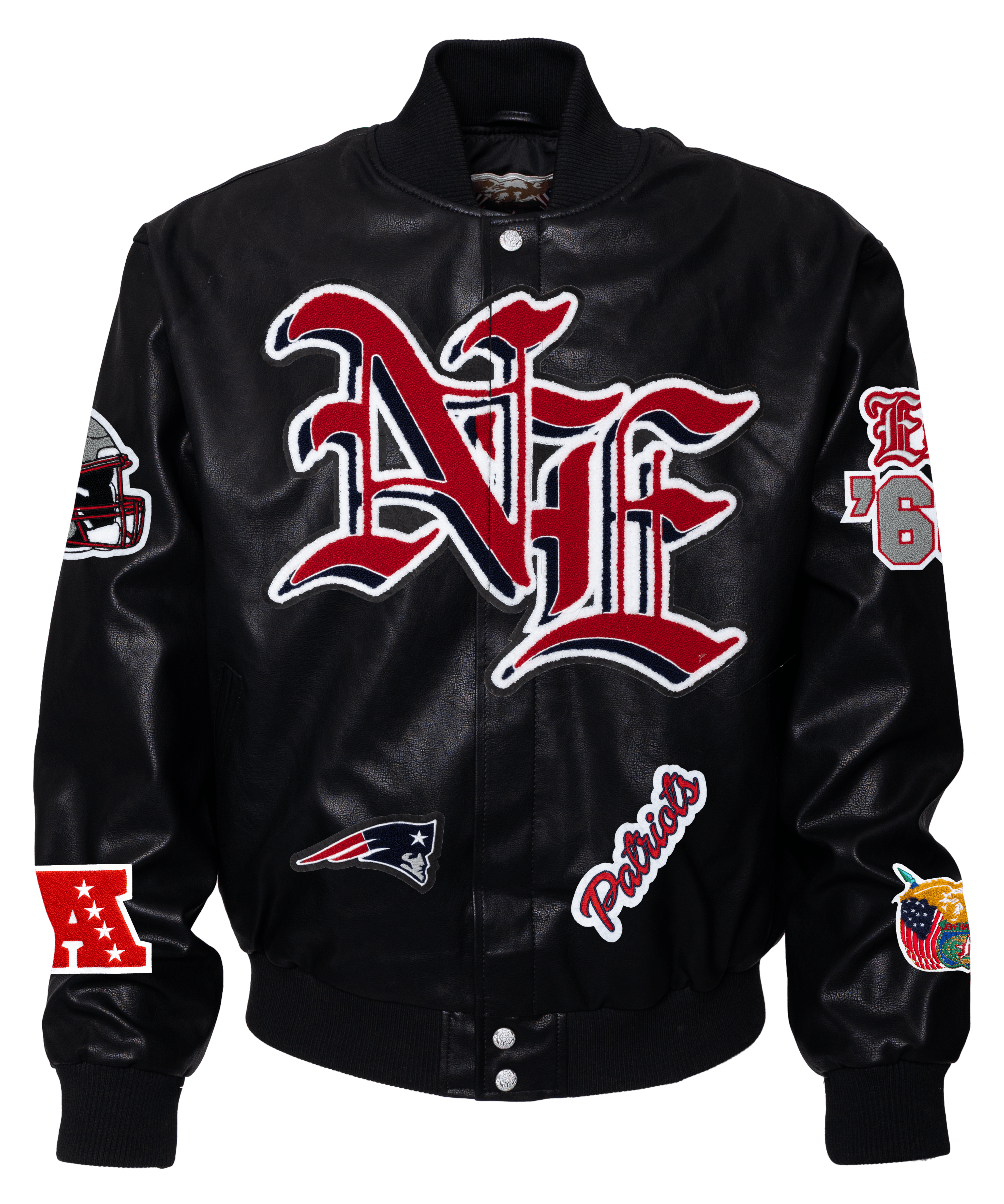 New England Patriots Old English Black Vegan Leather Jacket