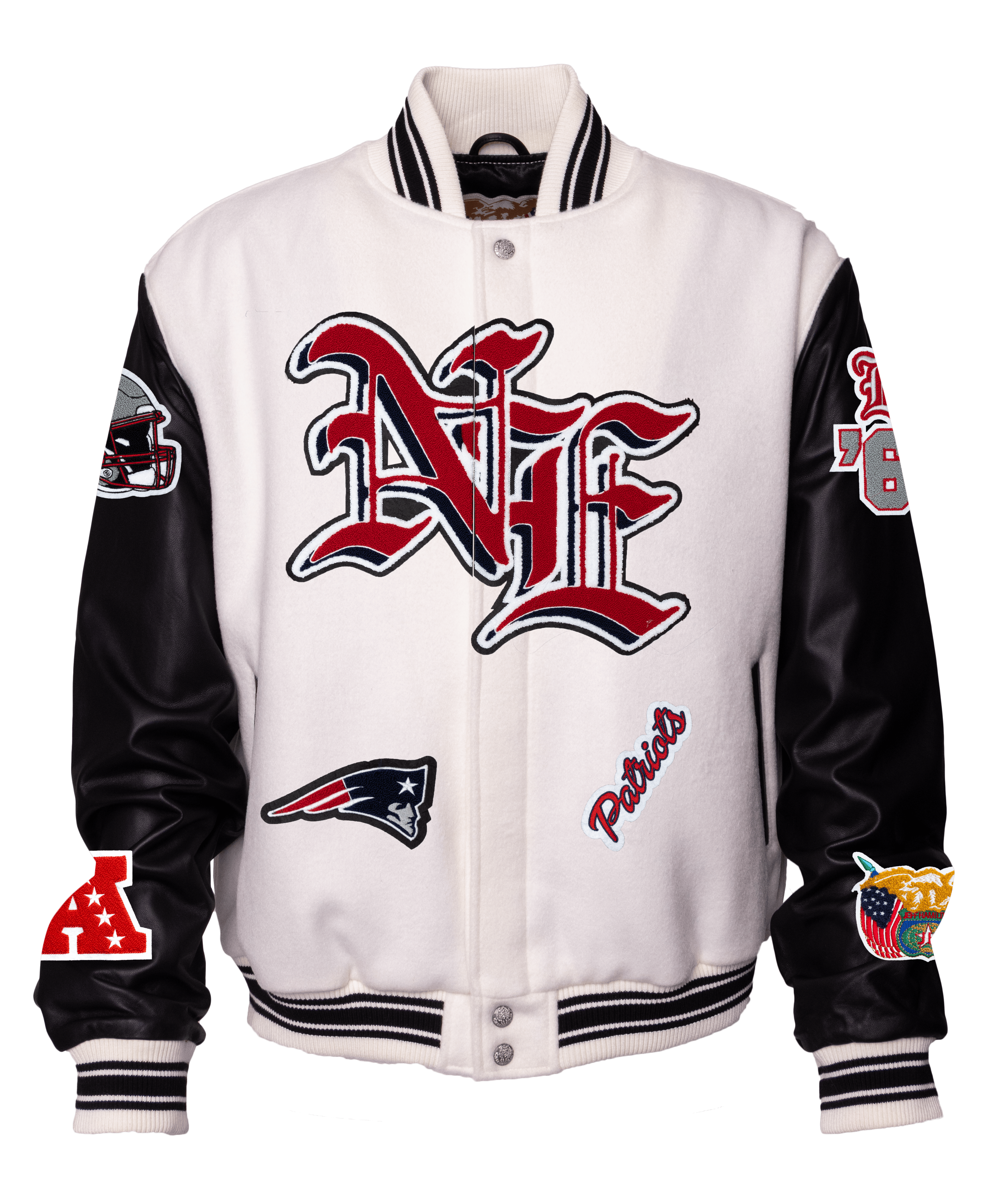 New England Patriots Wool & Leather Old English Varsity Jacket Light White/Black