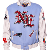 New England Patriots Wool & Leather Old English Varsity Jacket Light Blue/White