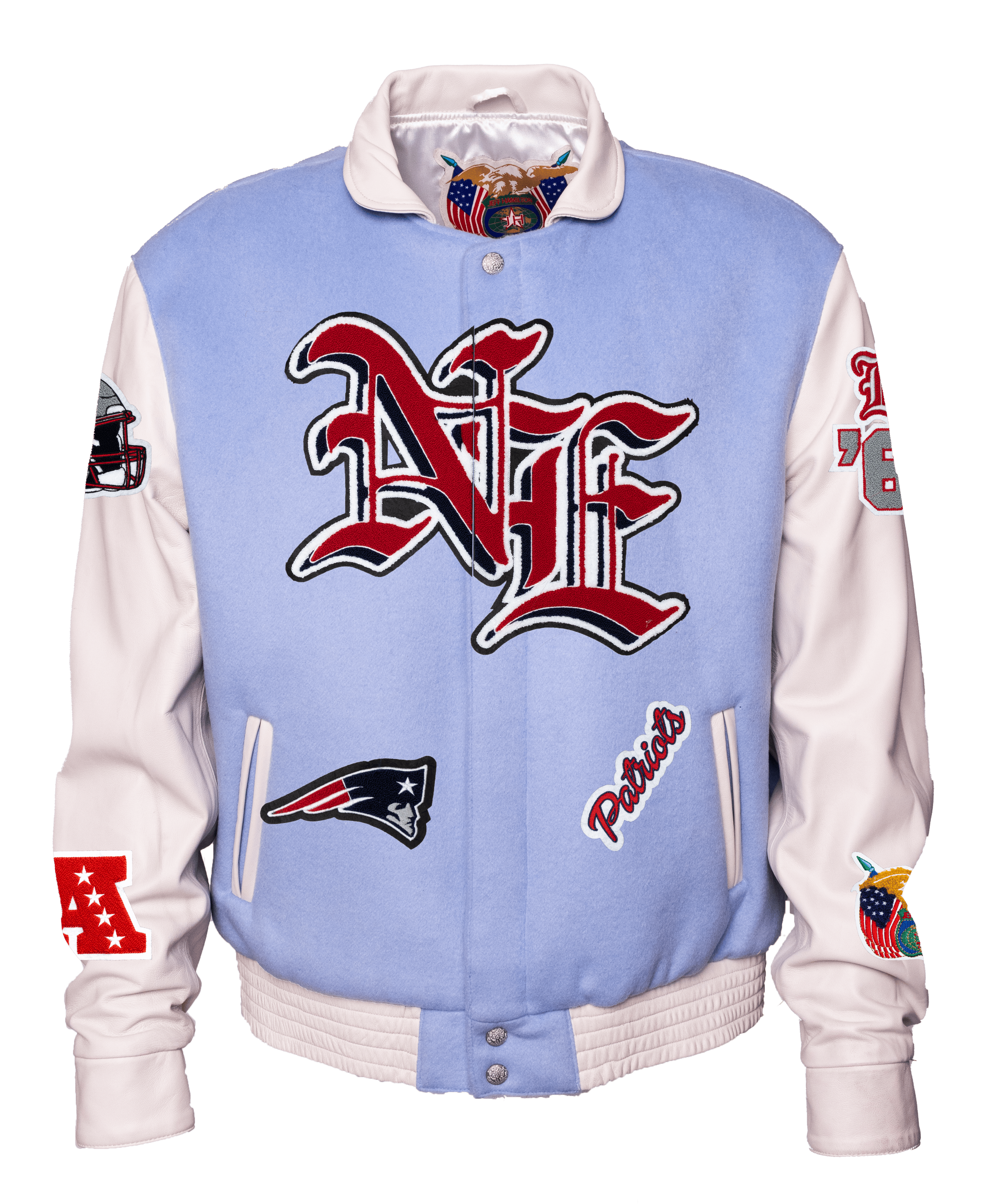 New England Patriots Wool & Leather Old English Varsity Jacket Light Blue/White