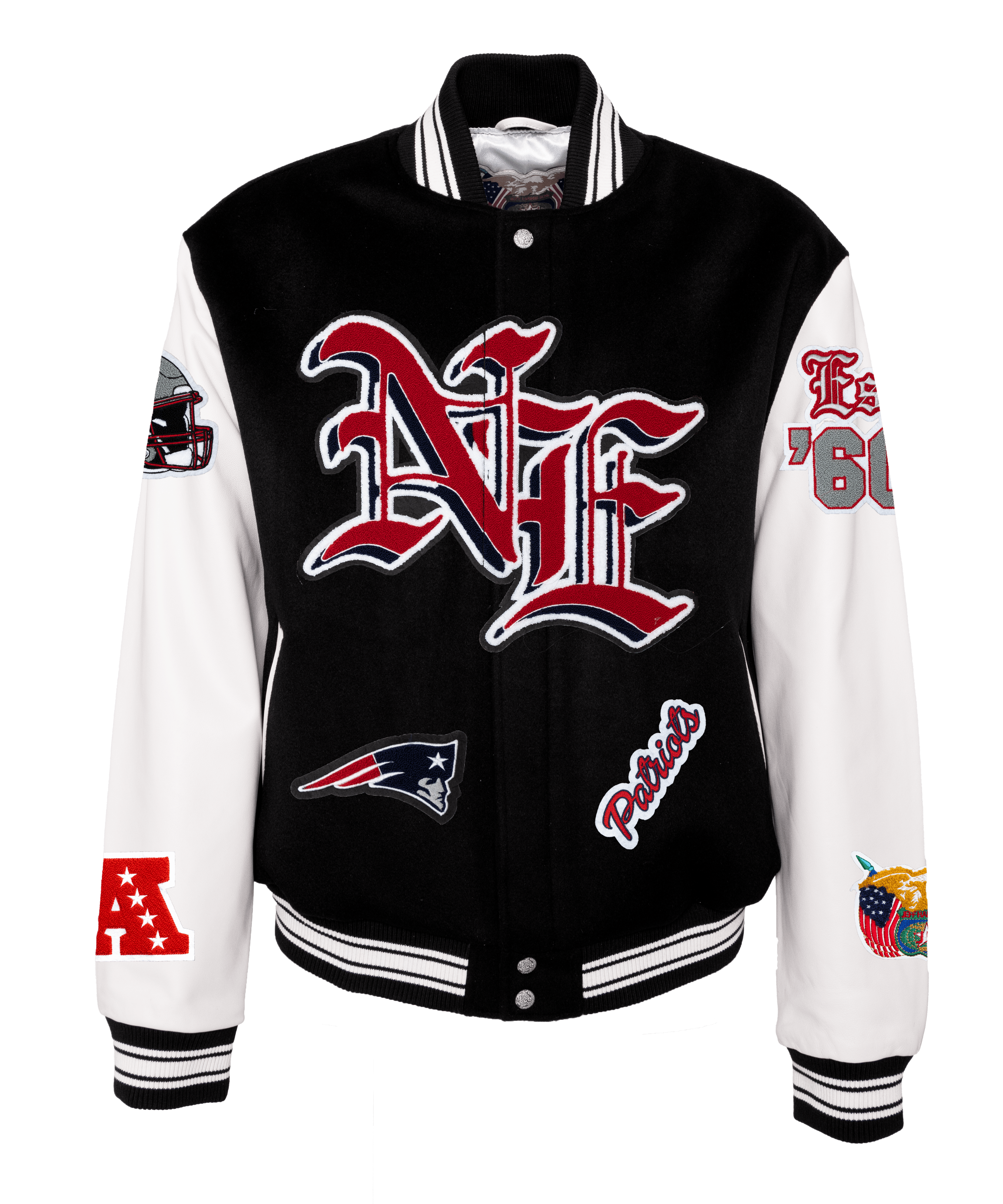 New England Patriots Wool & Leather Old English Varsity Jacket Black/White