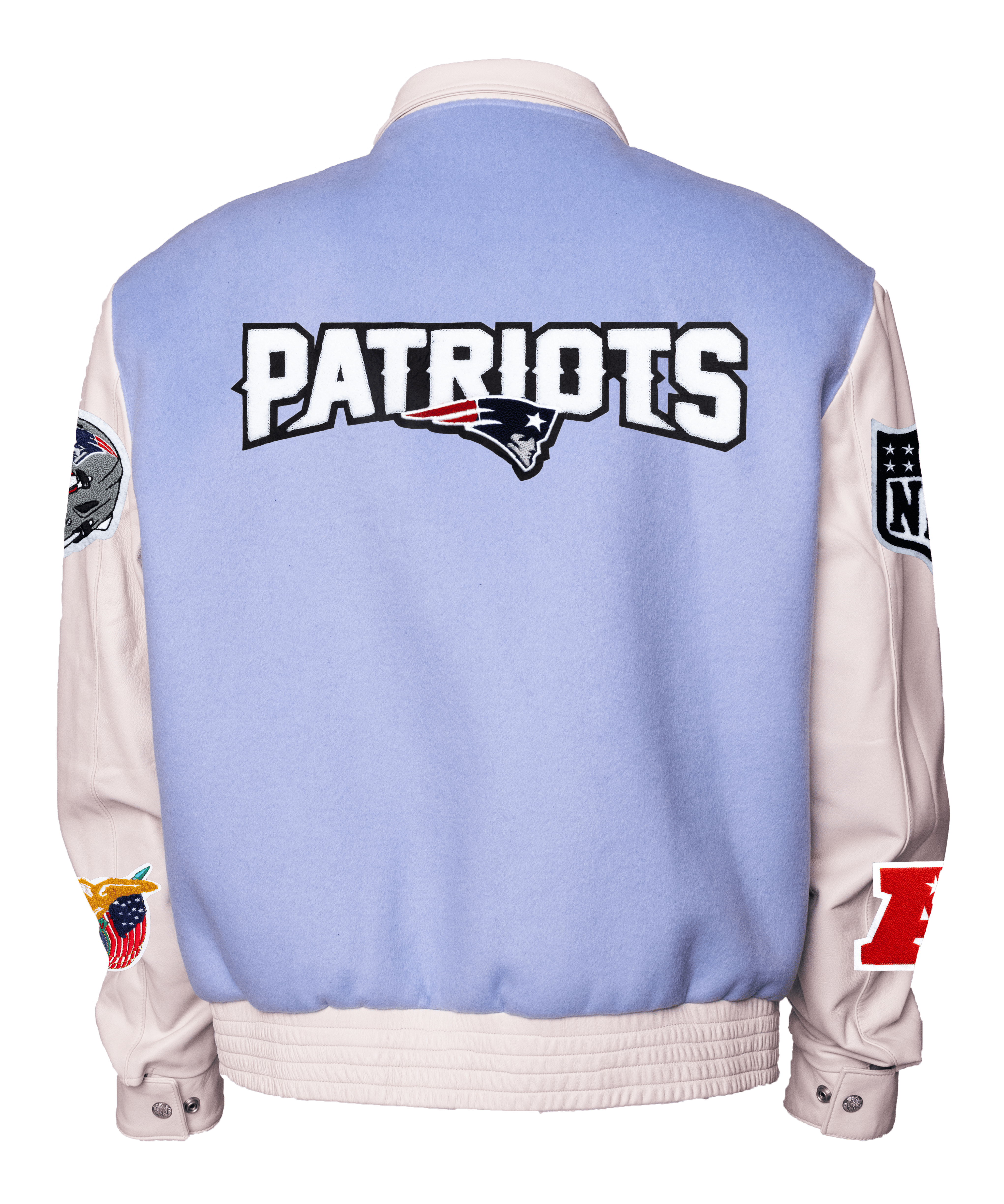 New England Patriots Wool & Leather Varsity Jacket, Light Blue/White