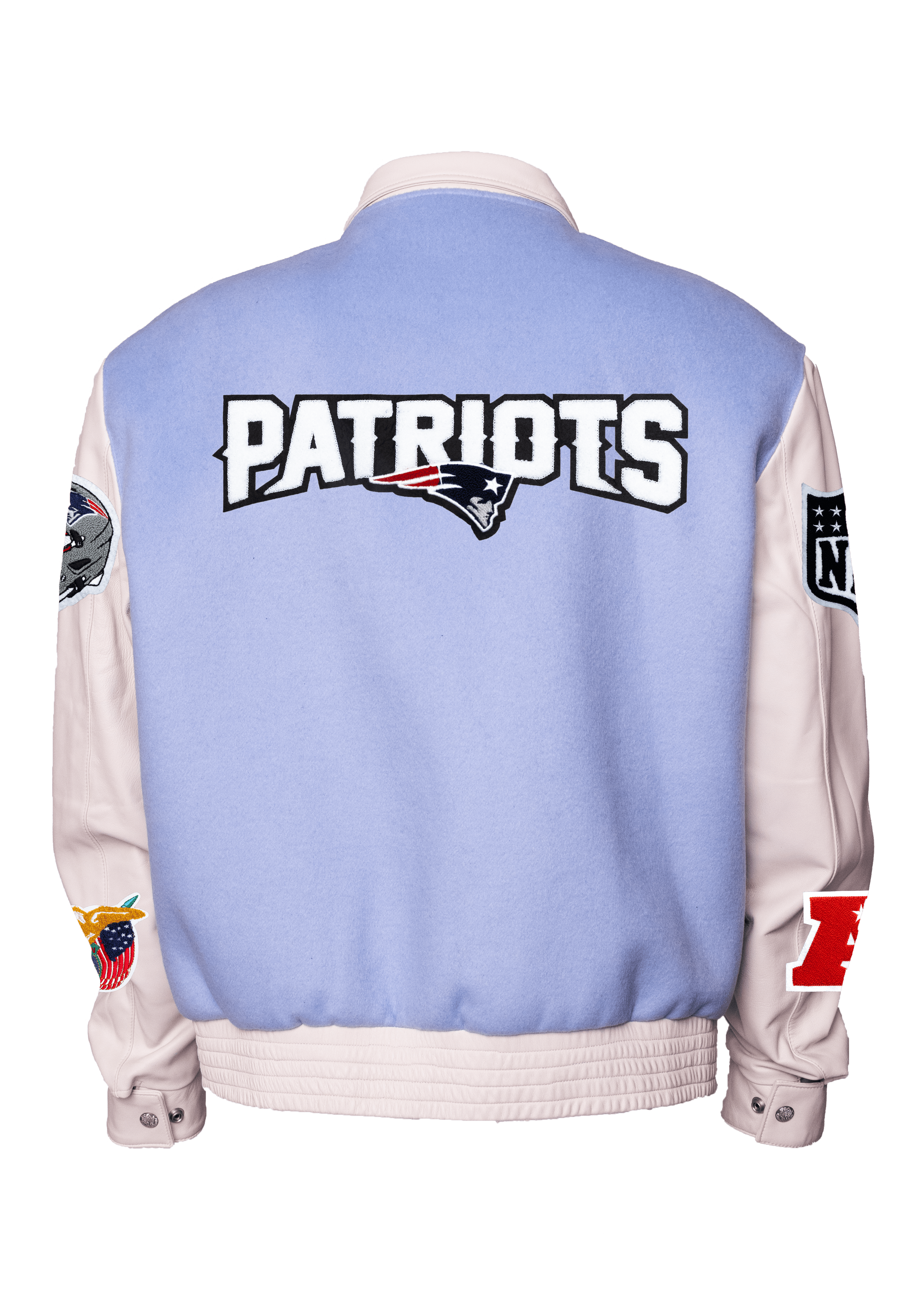 New England Patriots Wool & Leather Varsity Jacket, Light Blue/White
