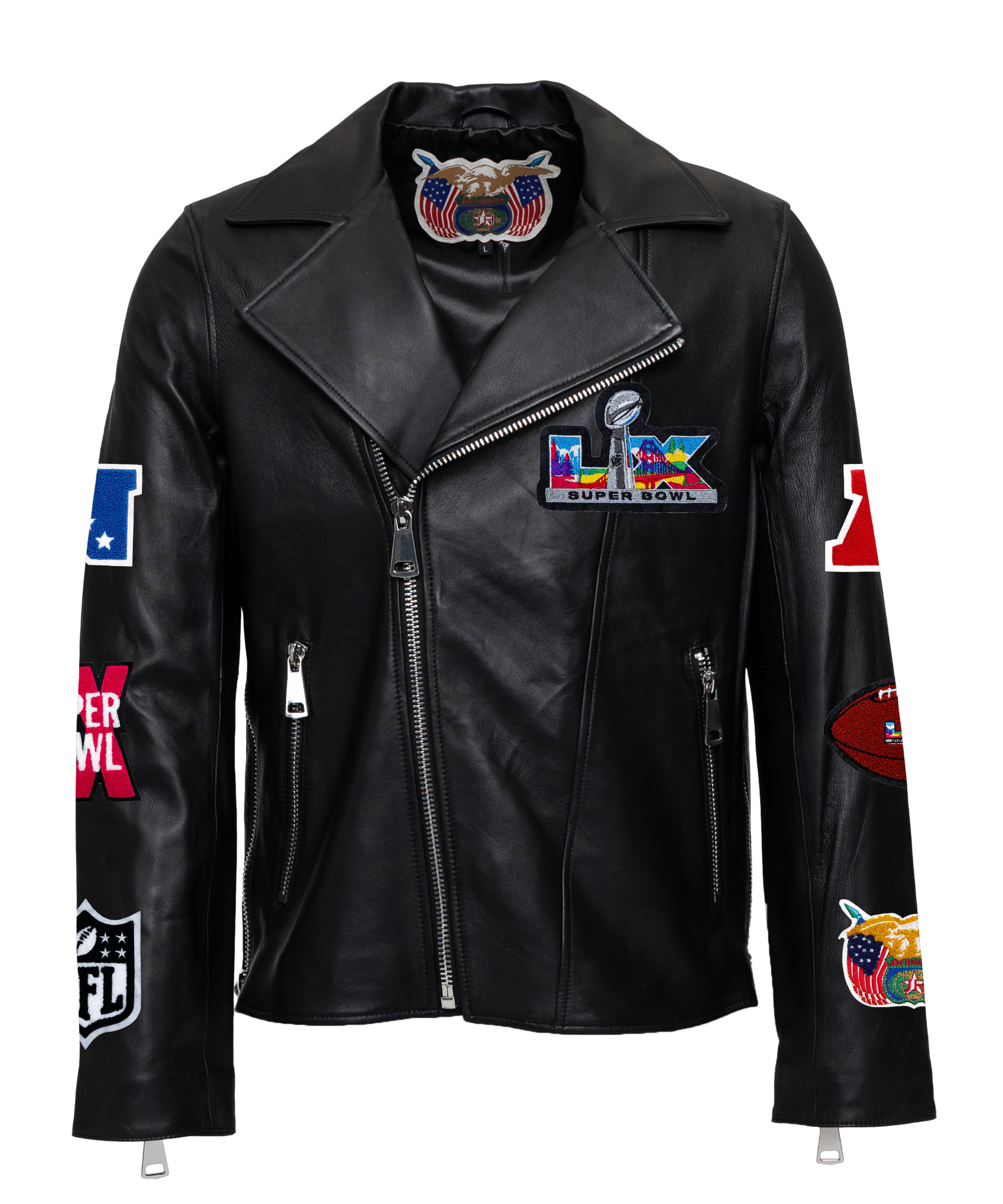 Super Bowl 2026 Full Leather Zip-Up Motocross Jacket-Black