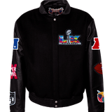 Super Bowl 2026 Wool & Leather Varsity Jacket Black on Black