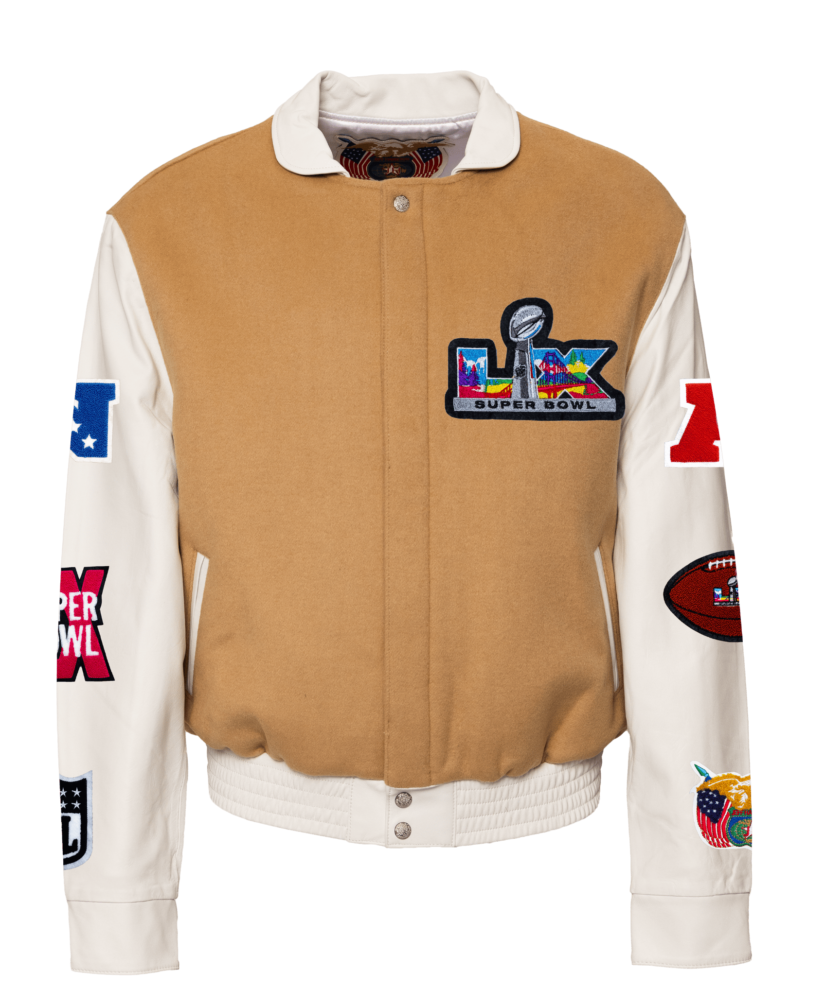 Super Bowl 2026 Wool & Leather Varsity Jacket Camel/White
