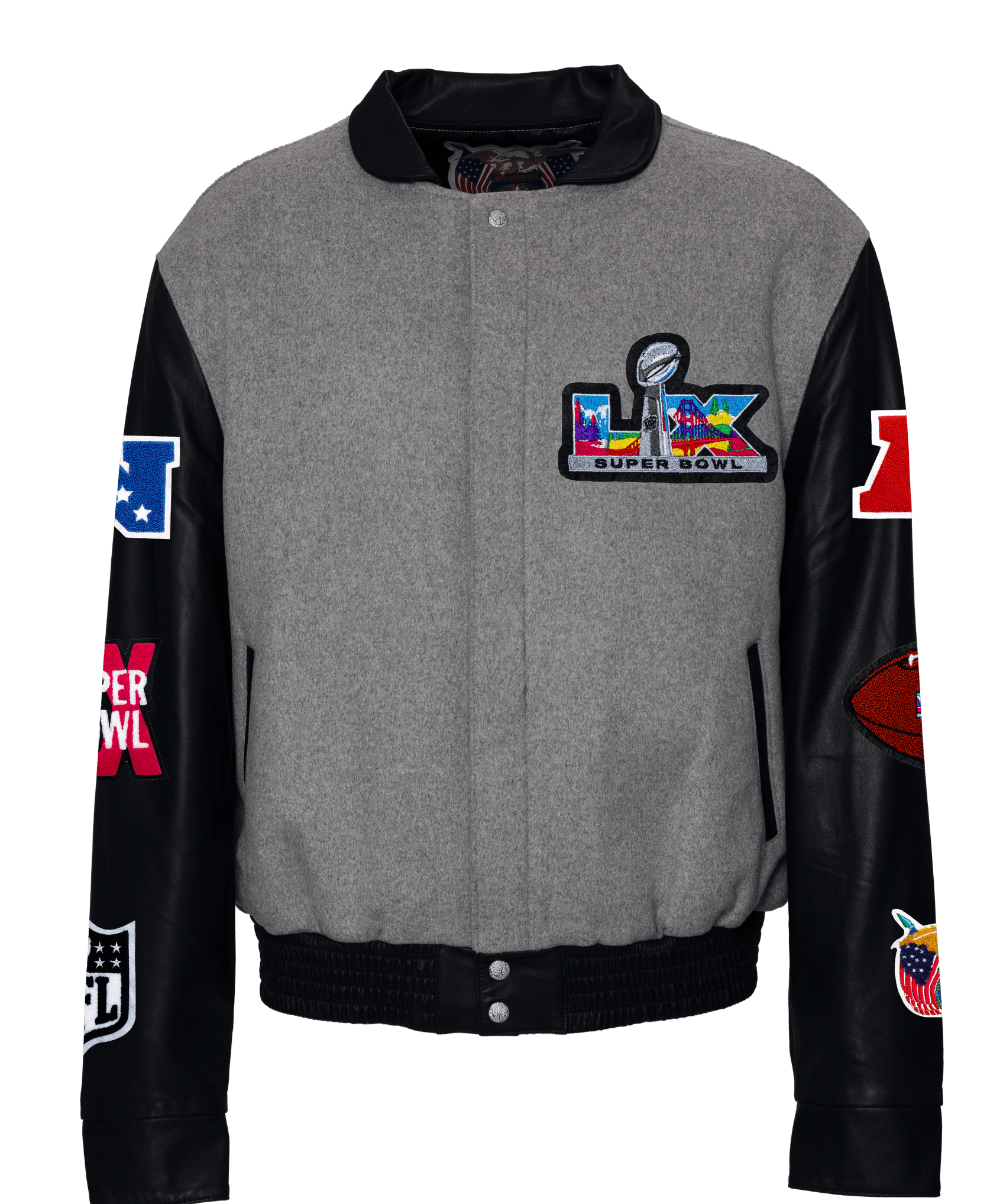 Super Bowl 2026 Wool & Leather Varsity Jacket Gray/Black