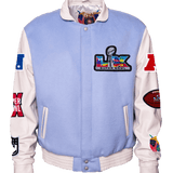 Super Bowl 2026 Wool & Leather Varsity Jacket Light Blue/White