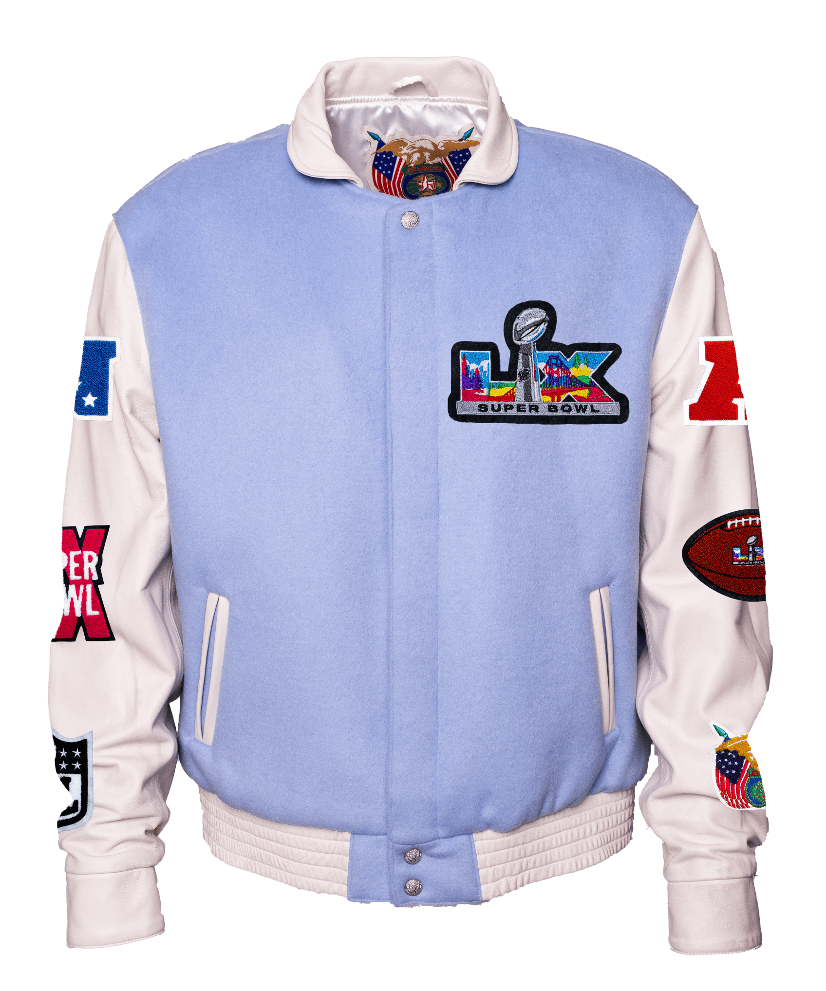 Super Bowl 2026 Wool & Leather Varsity Jacket Light Blue/White