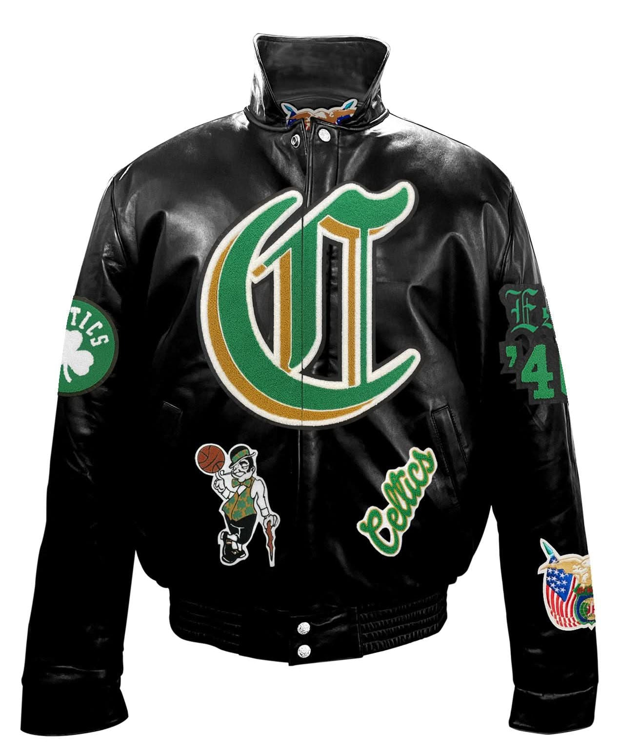 Boston Celtics Full Leather Puffer Old English Jacket Black
