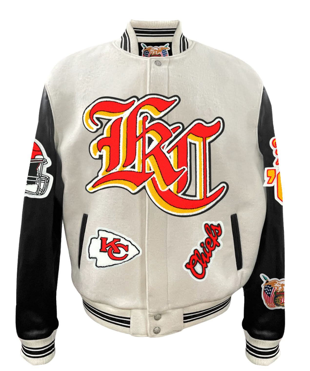 Kansas City Chiefs Wool & Leather Old English Varsity Jacket Off White/Black