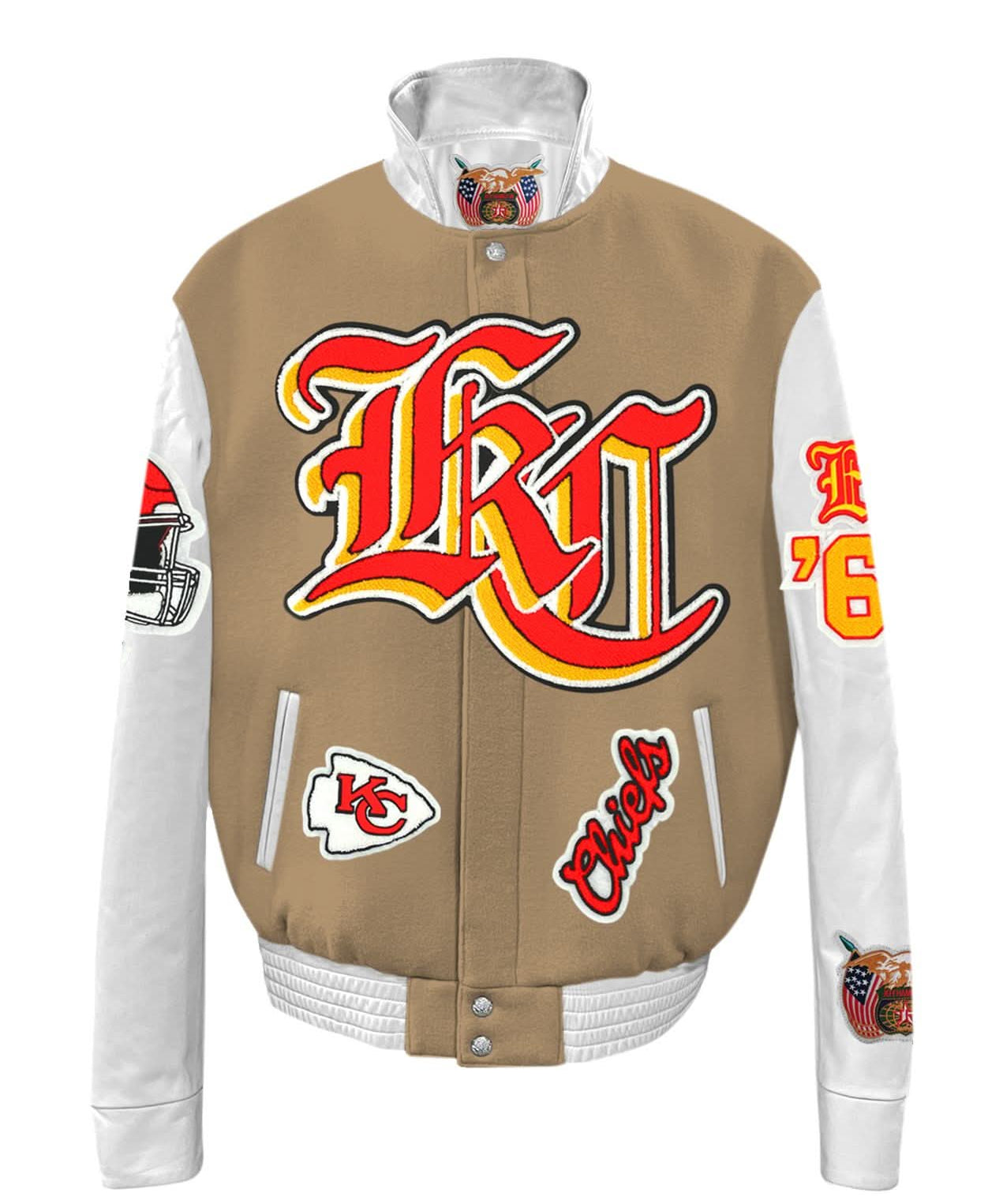 Kansas City Chiefs Wool & Leather Old English Varsity Jacket Camel