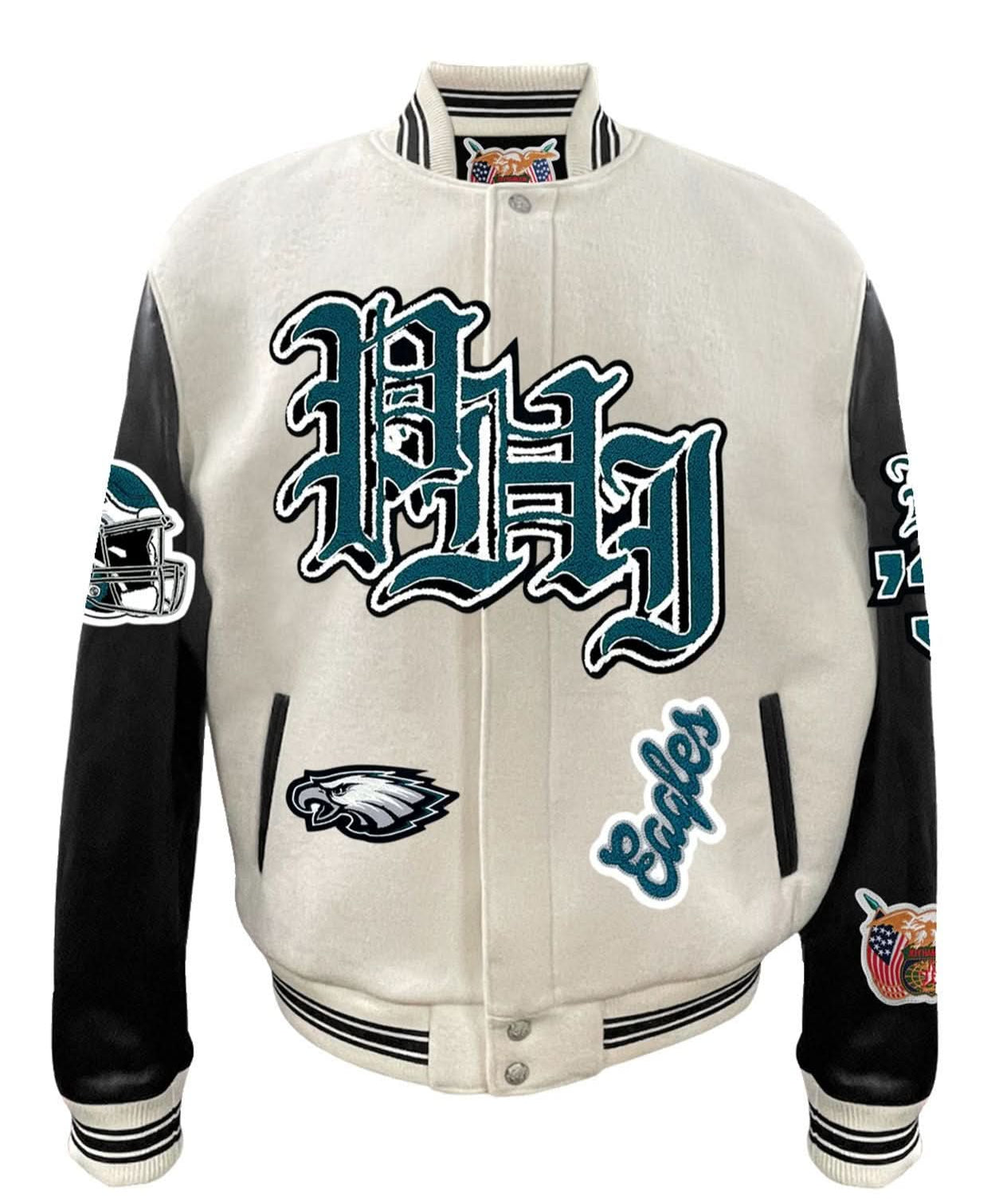 Philadelphia Eagles Wool & Leather Varsity Jacket Off White/Black
