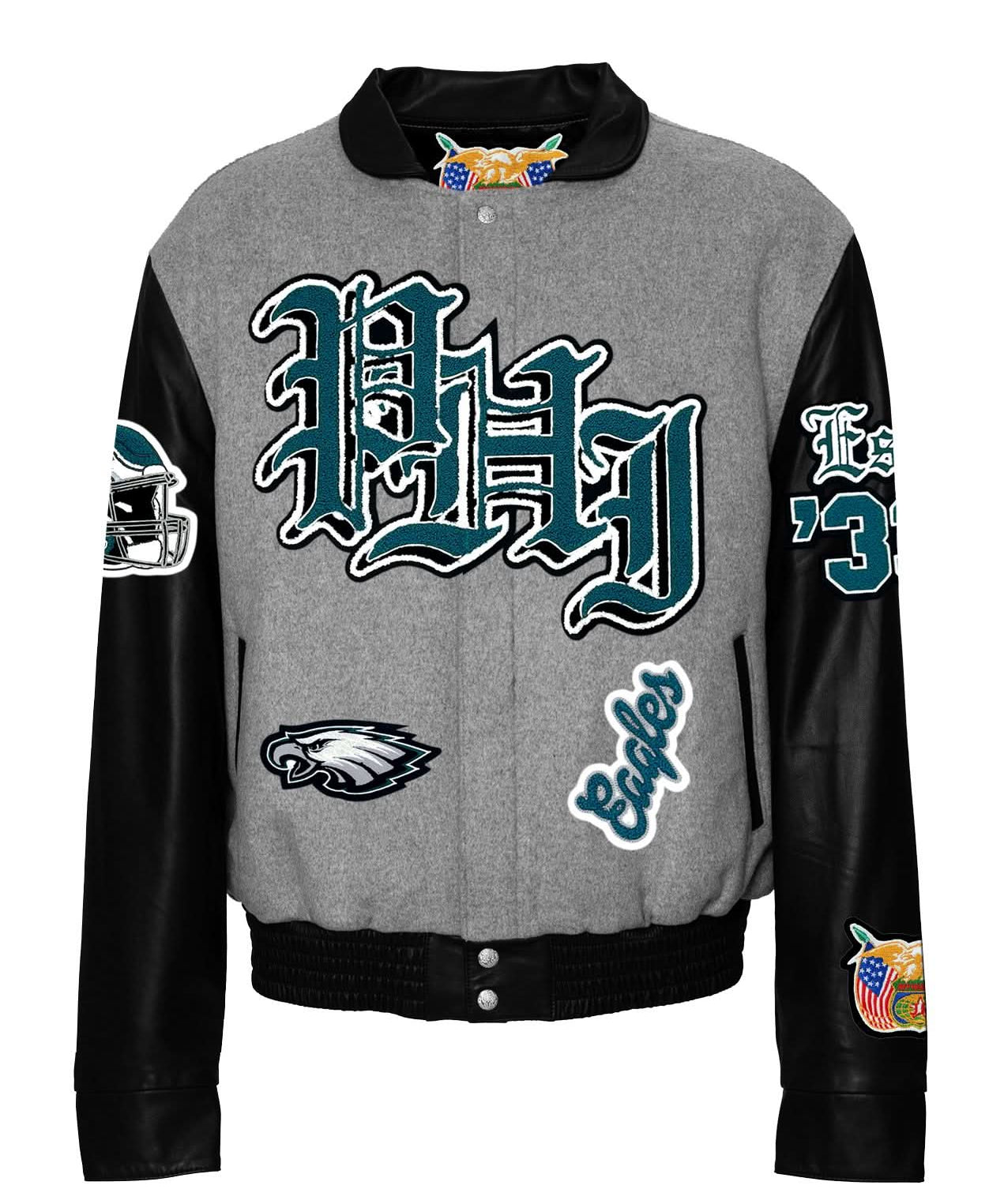 Philadelphia Eagles Wool & Leather Old English Varsity Jacket Grey