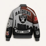 The Silver Strip Blitz — Las Vegas Raiders Vegan Leather Varsity Jacket, back