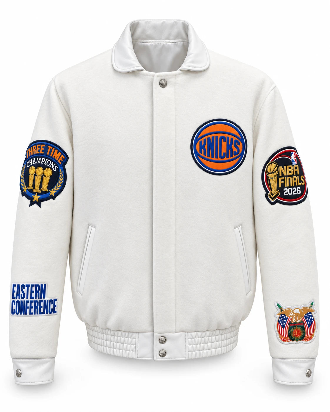 New York Knicks 2026 Champions Association Edition Triple White Wool Jacket – front