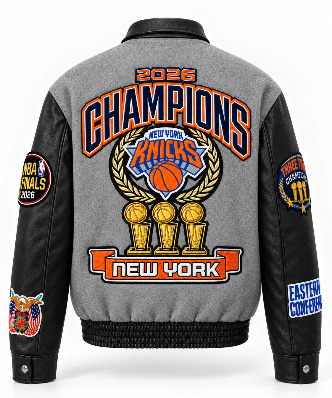 New York Knicks 2026 Champions Wool & Leather Varsity Jacket – Gray, back