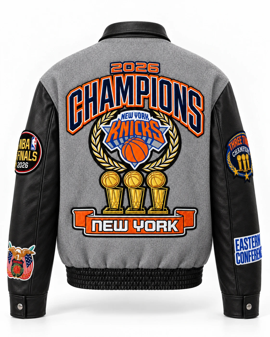 New York Knicks 2026 Champions Wool & Leather Varsity Jacket – Gray, back