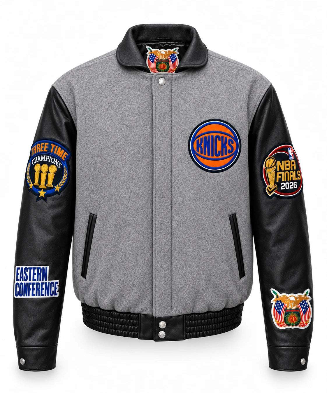 New York Knicks 2026 Champions Wool & Leather Varsity Jacket – Gray, front