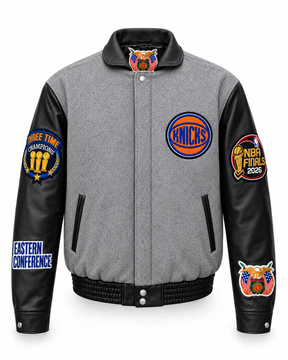 New York Knicks 2026 Champions Wool & Leather Varsity Jacket – Gray, front