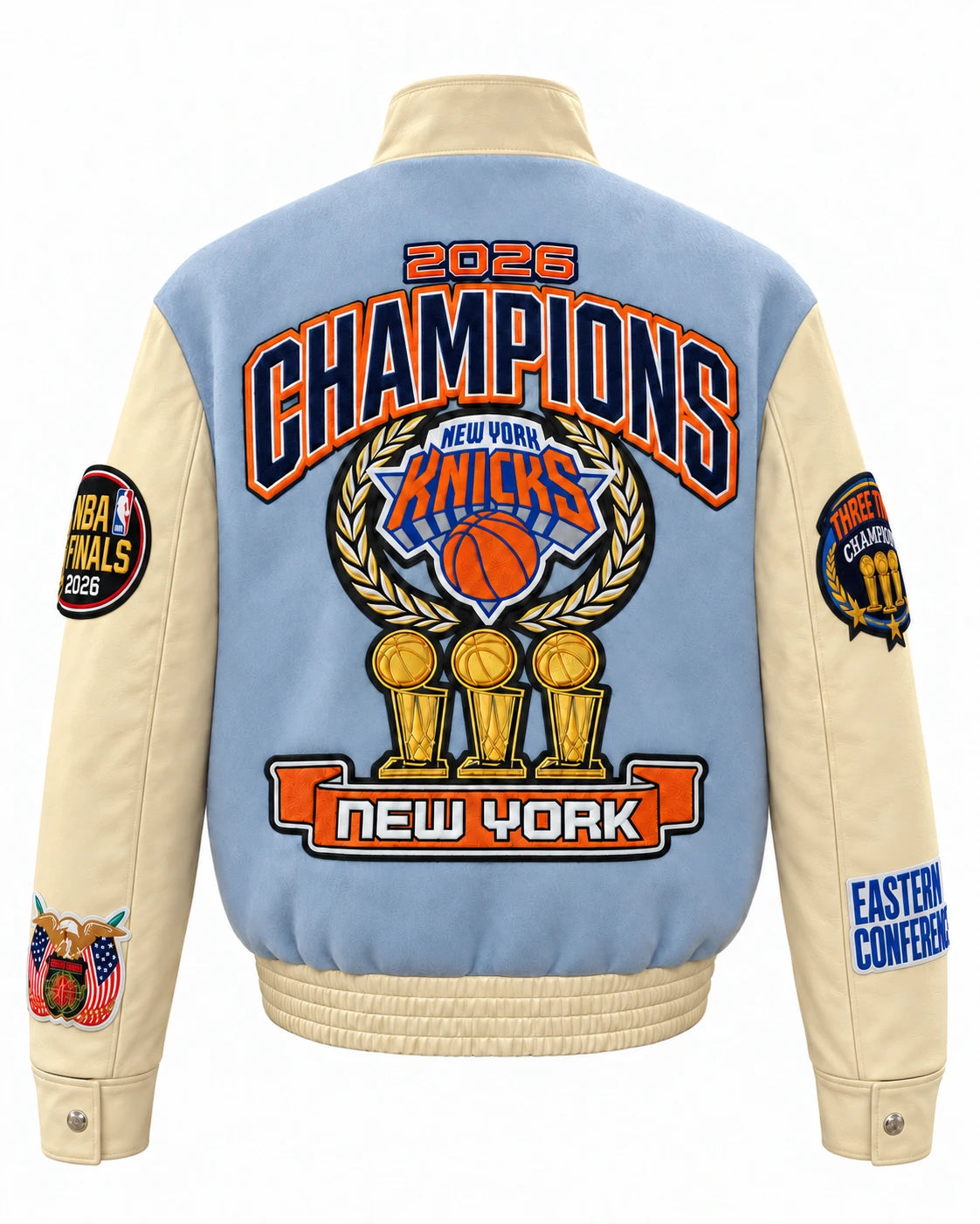 New York Knicks 2026 Champions Wool & Leather Varsity Jacket – Nova Blue, back