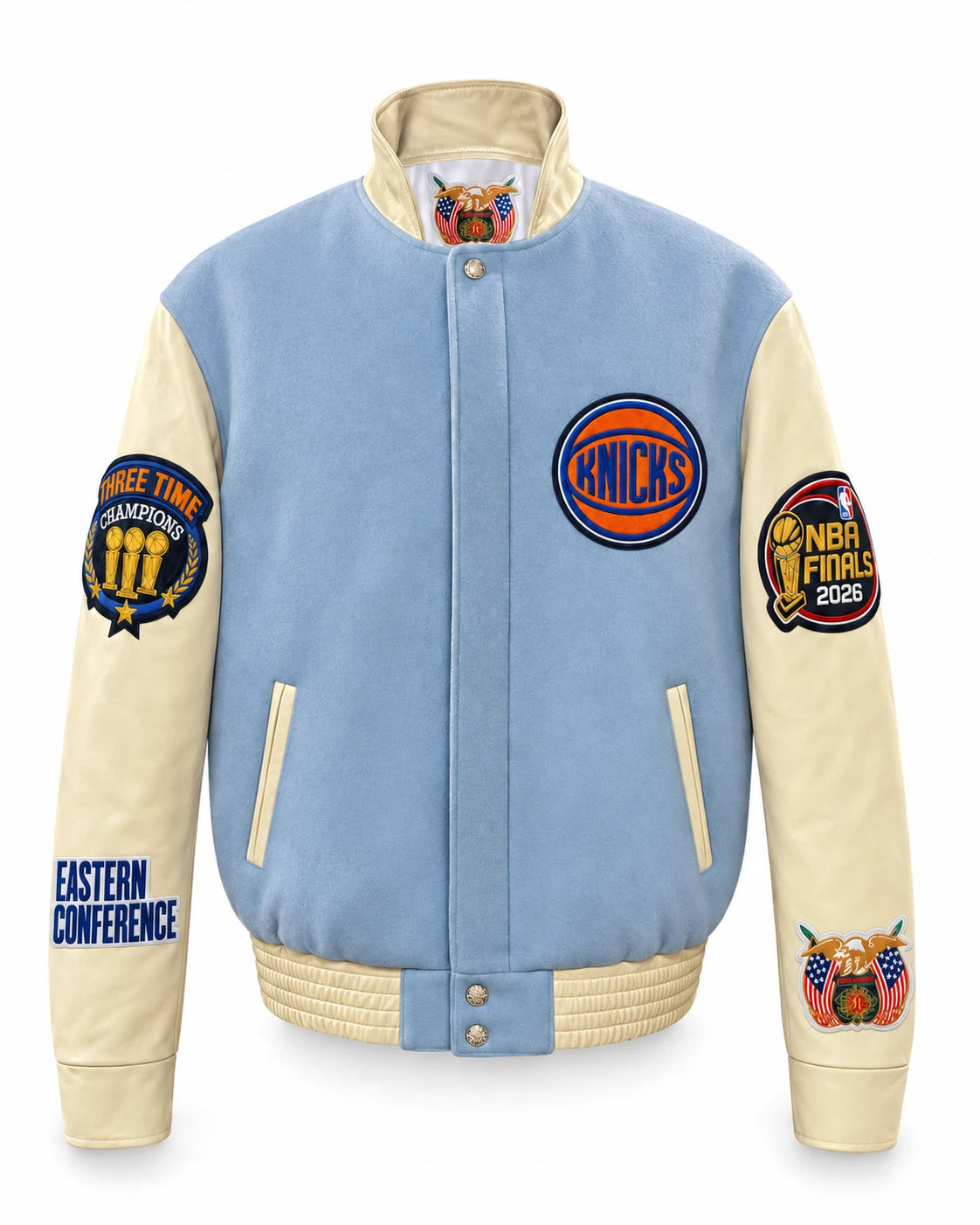 New York Knicks 2026 Champions Wool & Leather Varsity Jacket – Nova Blue, front