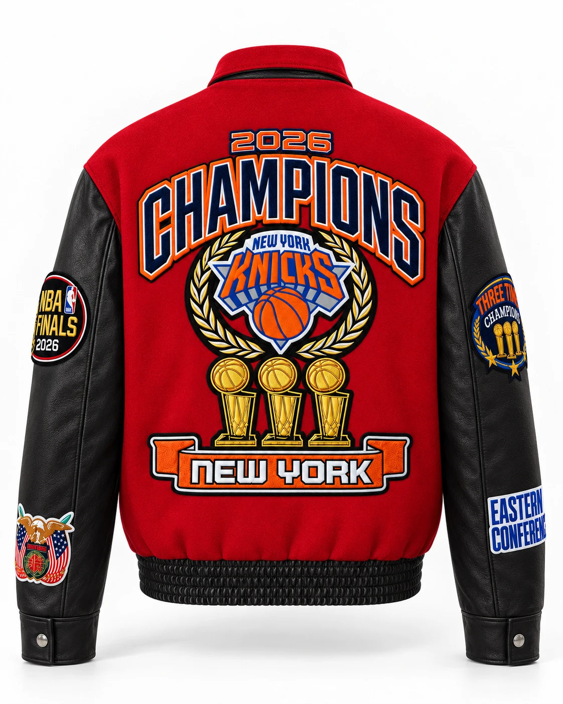 New York Knicks 2026 Champions Wool & Leather Varsity Jacket – Red, back