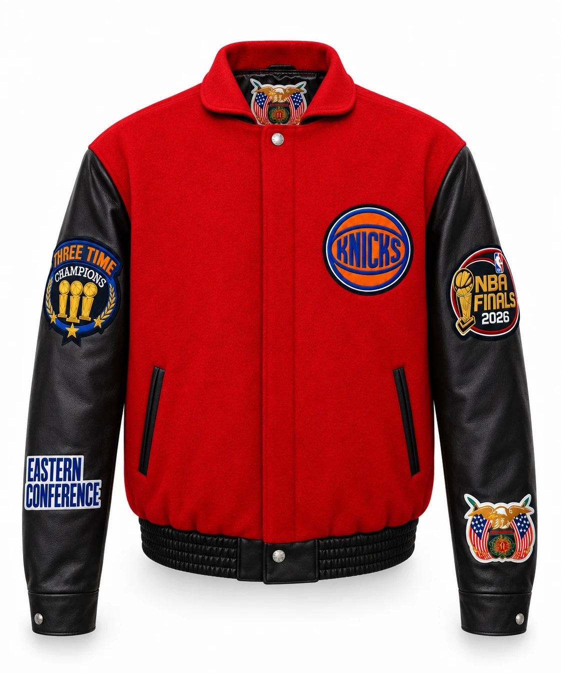 New York Knicks 2026 Champions Wool & Leather Varsity Jacket – Red, front