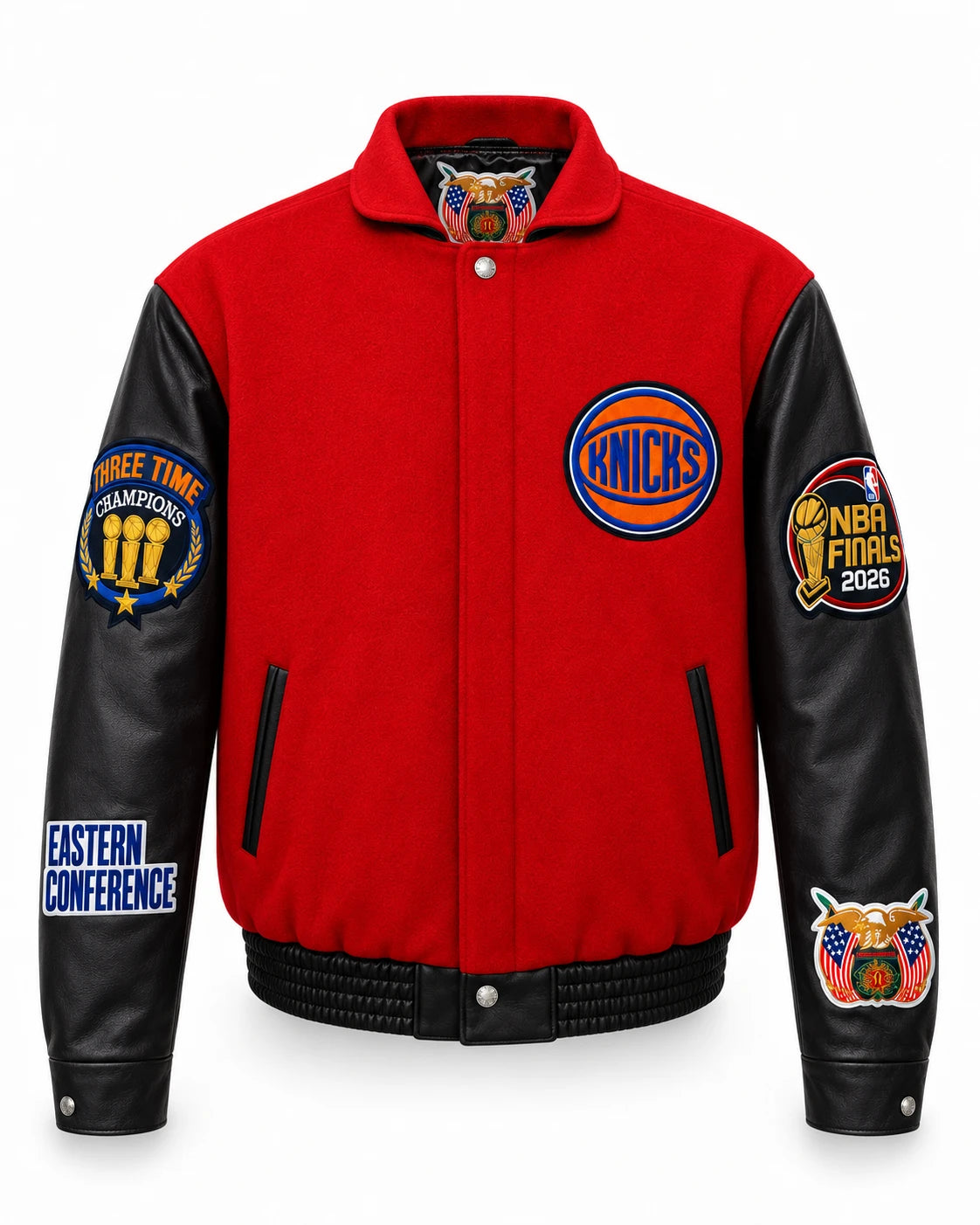 New York Knicks 2026 Champions Wool & Leather Varsity Jacket – Red, front