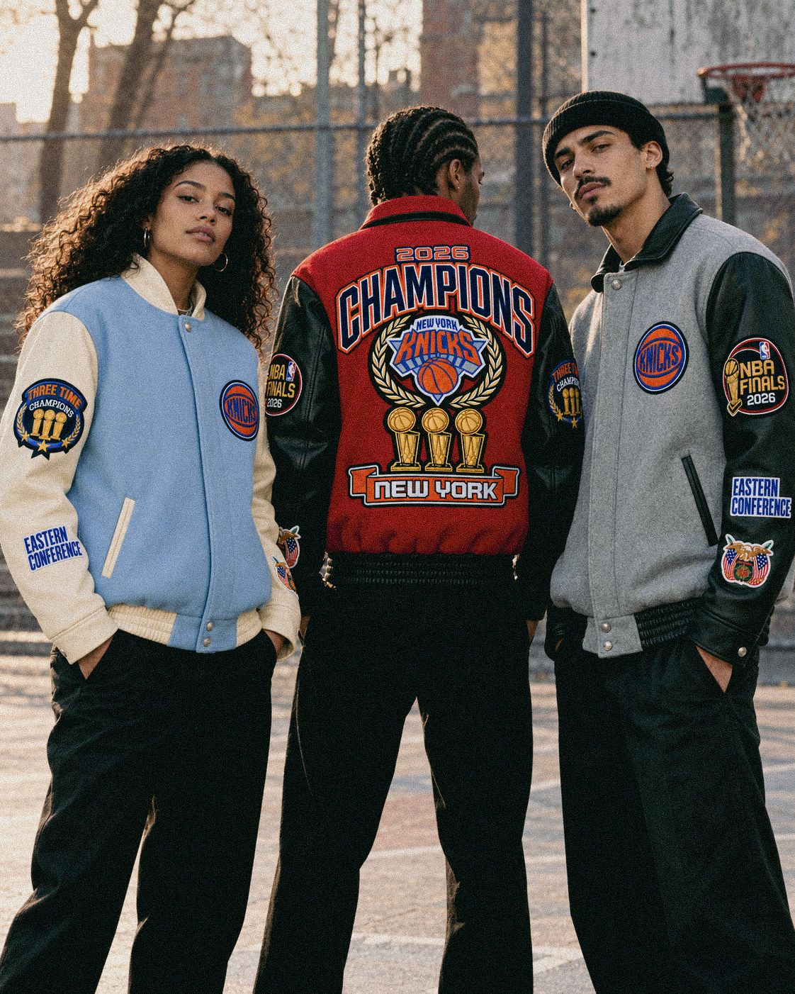 New York Knicks 2026 Champions Wool & Leather Varsity Jackets in Nova Blue, Red and Gray, worn on a New York basketball court