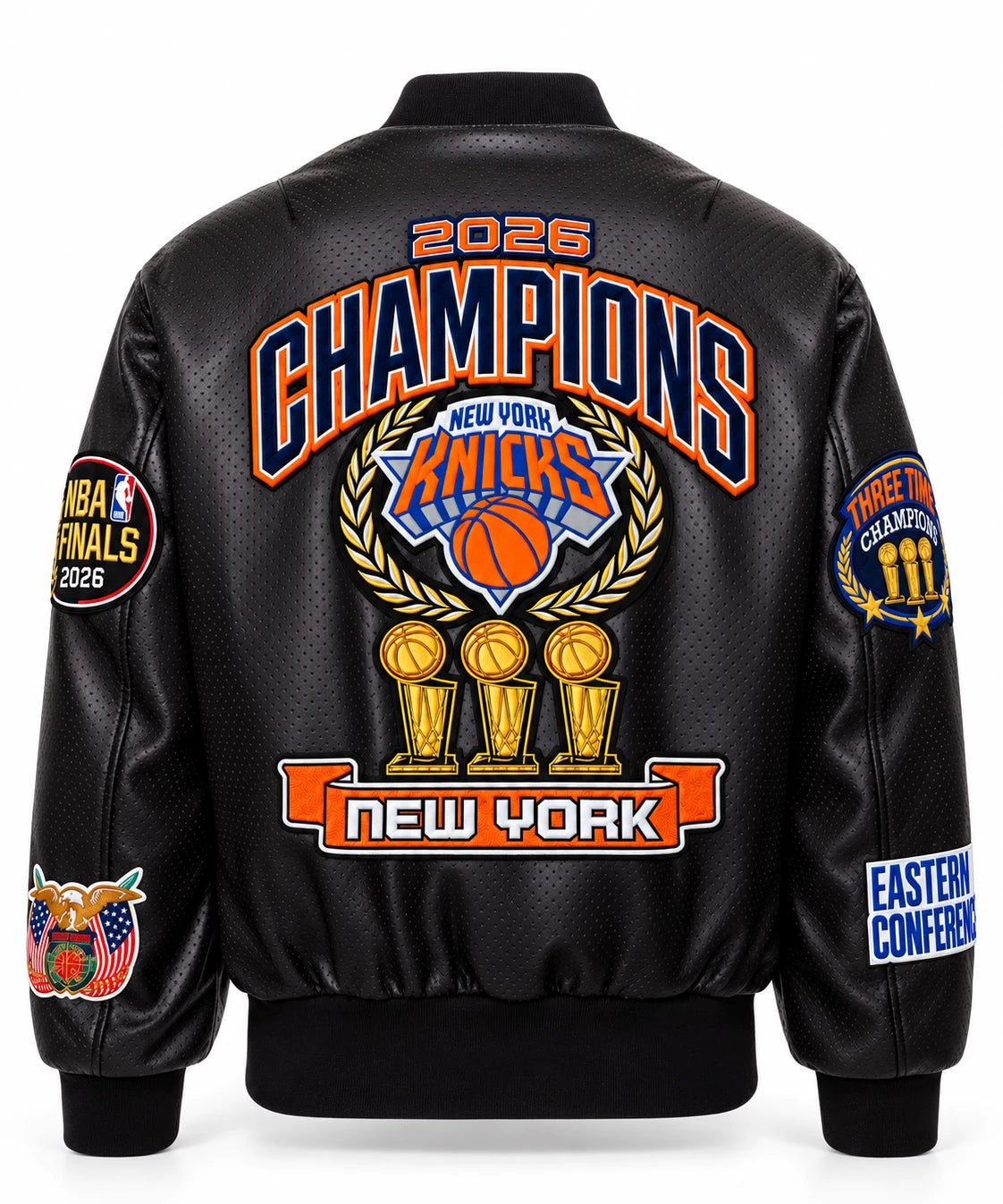 New York Knicks 2026 Champions Vegan Leather Bomber Jacket Black – back