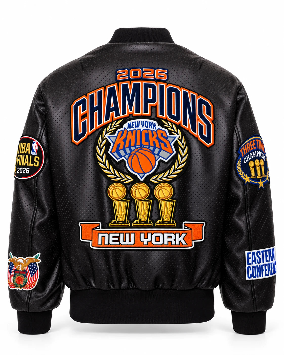 New York Knicks 2026 Champions Vegan Leather Bomber Jacket Black – back