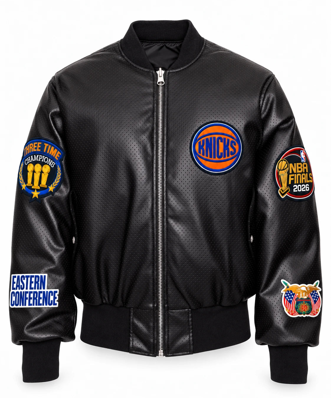 New York Knicks 2026 Champions Vegan Leather Bomber Jacket Black – front