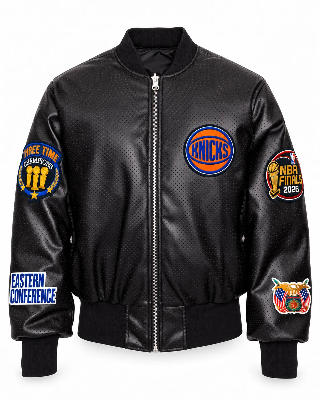New York Knicks 2026 Champions Vegan Leather Bomber Jacket Black – front